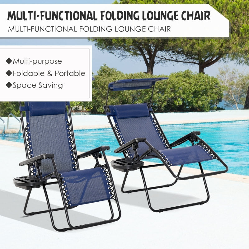 2pc Zero Gravity Folding Lounge Chair Reclining Deck Seat w Cup Holder, Canopy Sun Shade - Blue