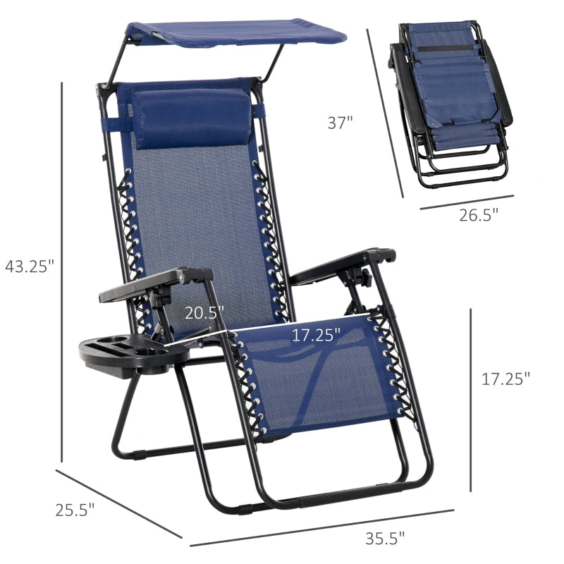 2pc Zero Gravity Folding Lounge Chair Reclining Deck Seat w Cup Holder, Canopy Sun Shade - Blue