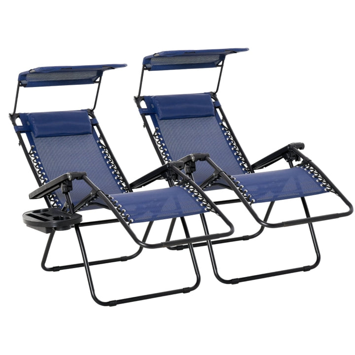 2pc Zero Gravity Folding Lounge Chair Reclining Deck Seat w Cup Holder, Canopy Sun Shade - Blue