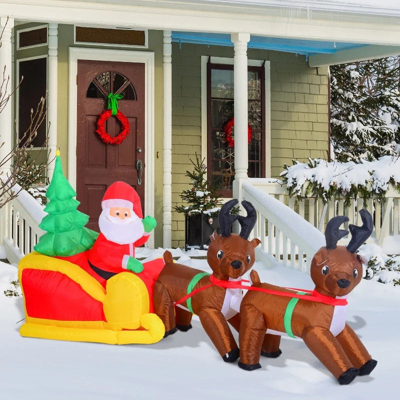 7ft Long LED Holiday Christmas Outdoor Inflatable Decoration, Santa's Sleigh, Reindeer, Tree