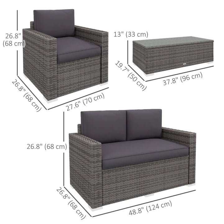 4pc PE Rattan Wicker Conversation Loveseat Armchairs w Cushions Outdoor Patio, Charcoal Grey