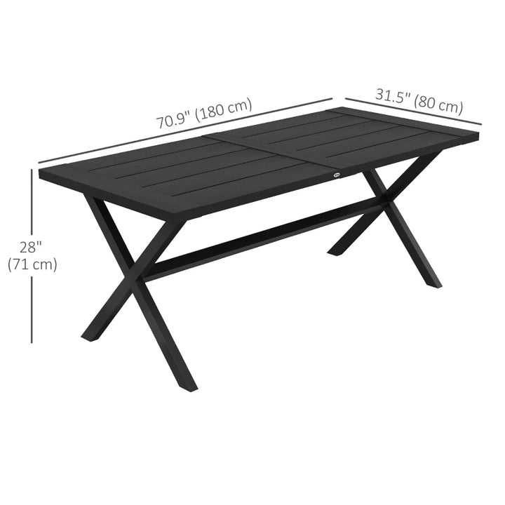 71" x 31.5" Sleek Outdoor Patio Dining Table w X-Base, Aluminum, Woodgrain Effect, Black