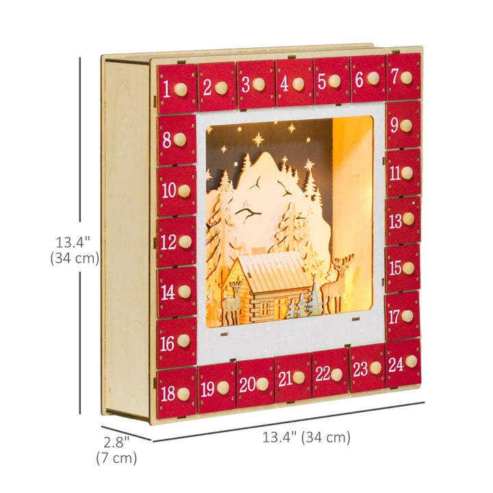 NEW Light-Up Wooden Christmas Advent Countdown Decoration w 24 Drawers, Holiday Xmas Village, Red