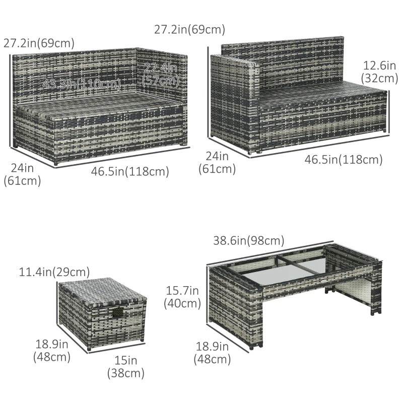 6pc L-Shape PE Rattan Wicker Sofa Conversation Set w Ottomans, Cushions for Outdoor Patio, Grey