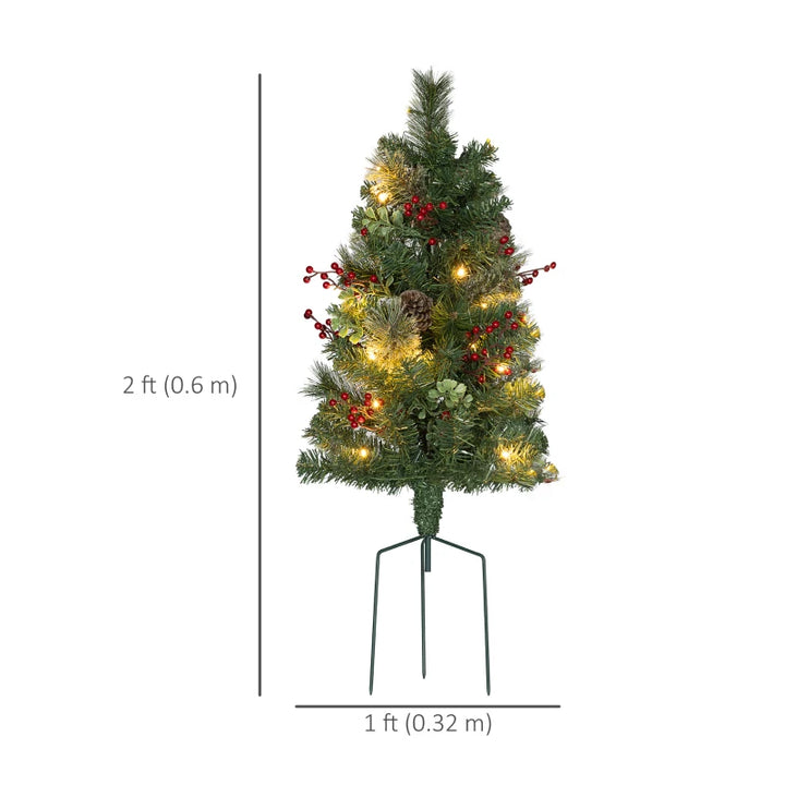 NEW 2pc 2ft Prelit Artificial Christmas Holiday Mini Outdoor Tree w Pinecones, Berries Decor, Green