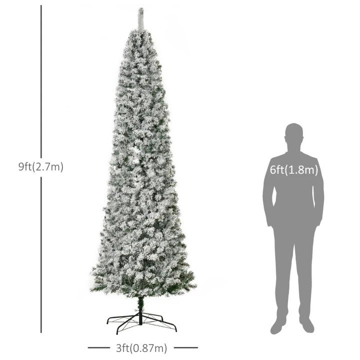 9ft 988-Tip Pre-lit Snow Flocked Slim Pencil Artificial Christmas Holiday Tree 550 Lights Green
