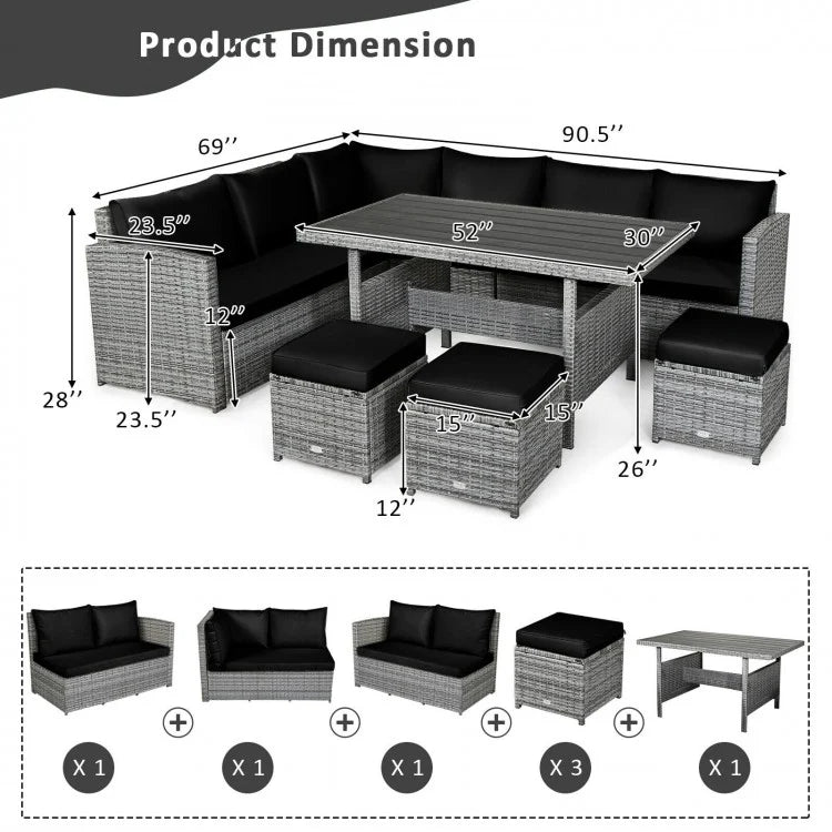 7pc L-Shape Rattan Wicker Dining Set Outdoor Patio Sectional w Table Cushions Ottomans, Black