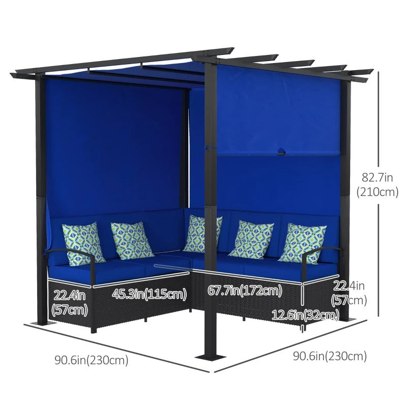 All-in-One Corner Rattan Wicker Outdoor Sofa Set Patio Cabana Pergola w Canopy, Cushions, Blue