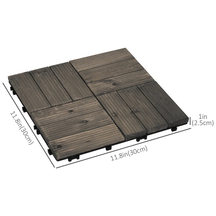 27pc Solid Fir Wood DIY Interlocking Patio Deck Floor Tiles for Indoor Outdoor Use, Grey Brown