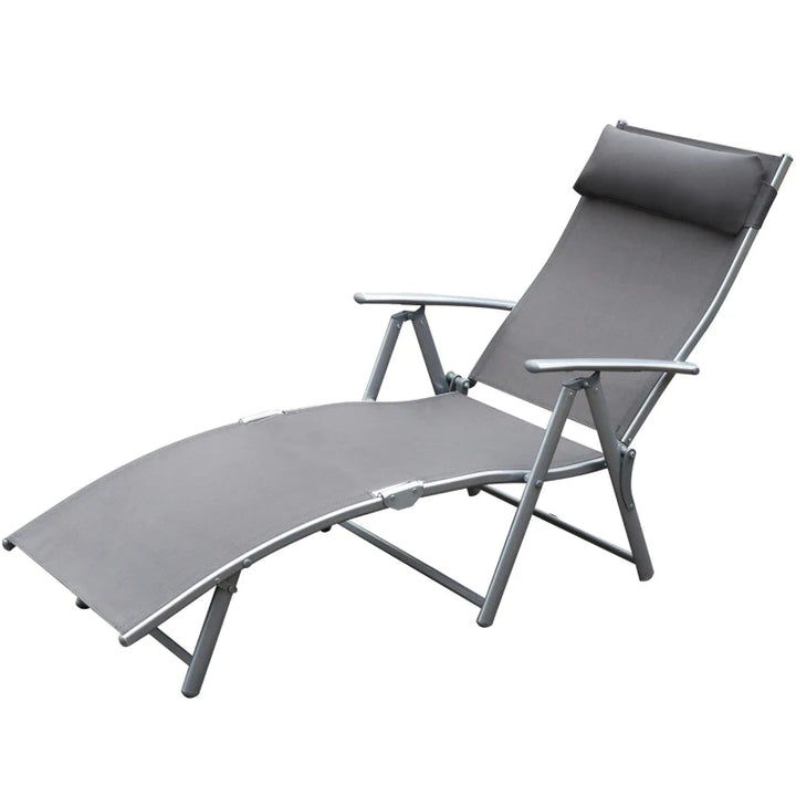 Folding Deck / Patio Sun Lounger w/ Neck Pillow - Grey