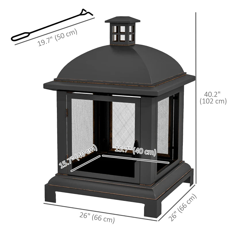 26” Square Wood Burning Fire Pit w/ Chimney Spark Guard, Cover, Ash Tray, Poker - Black