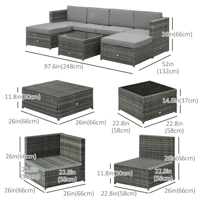 7pc PE Rattan Wicker Sectional Conversation Furniture Set w Ottomans, Cushions, Outdoor Patio, Grey