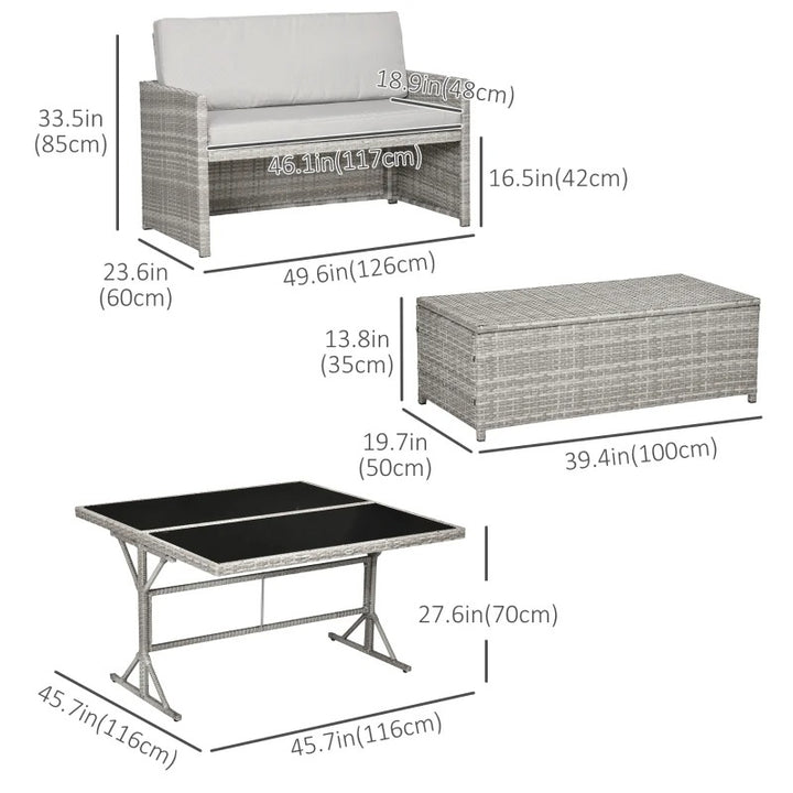 5pc Compact PE Rattan Wicker Dining Table Set w Loveseat, Benches, Cushions Outdoor Patio, Grey