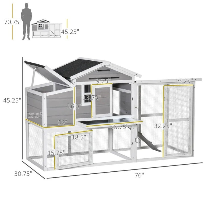 76" Wooden Outdoor Chicken Coop Hen House w Removable Tray, Nesting Box, Lockable Door, Grey