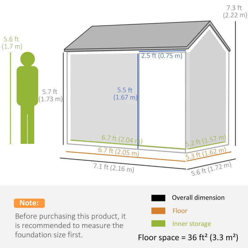 7’ x 5.6’ x 7.2’ Outdoor Metal Storage Shed w/ Lockable Doors, Vent, Sloped Roof - Dark Grey