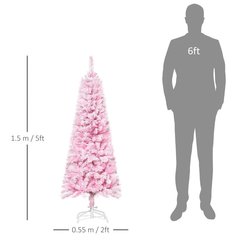 5ft 263-Tip Slim Snow Flocked Unlit Artificial Pencil Christmas Holiday Tree, Xmas Decor, Pink