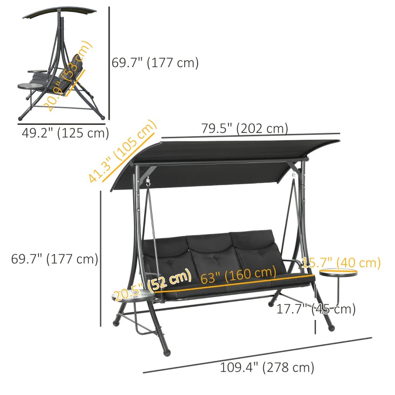 Outdoor 3 Seater Garden Swing Canopy Shade, Side Tables, Cushions for Garden Deck Porch, Black