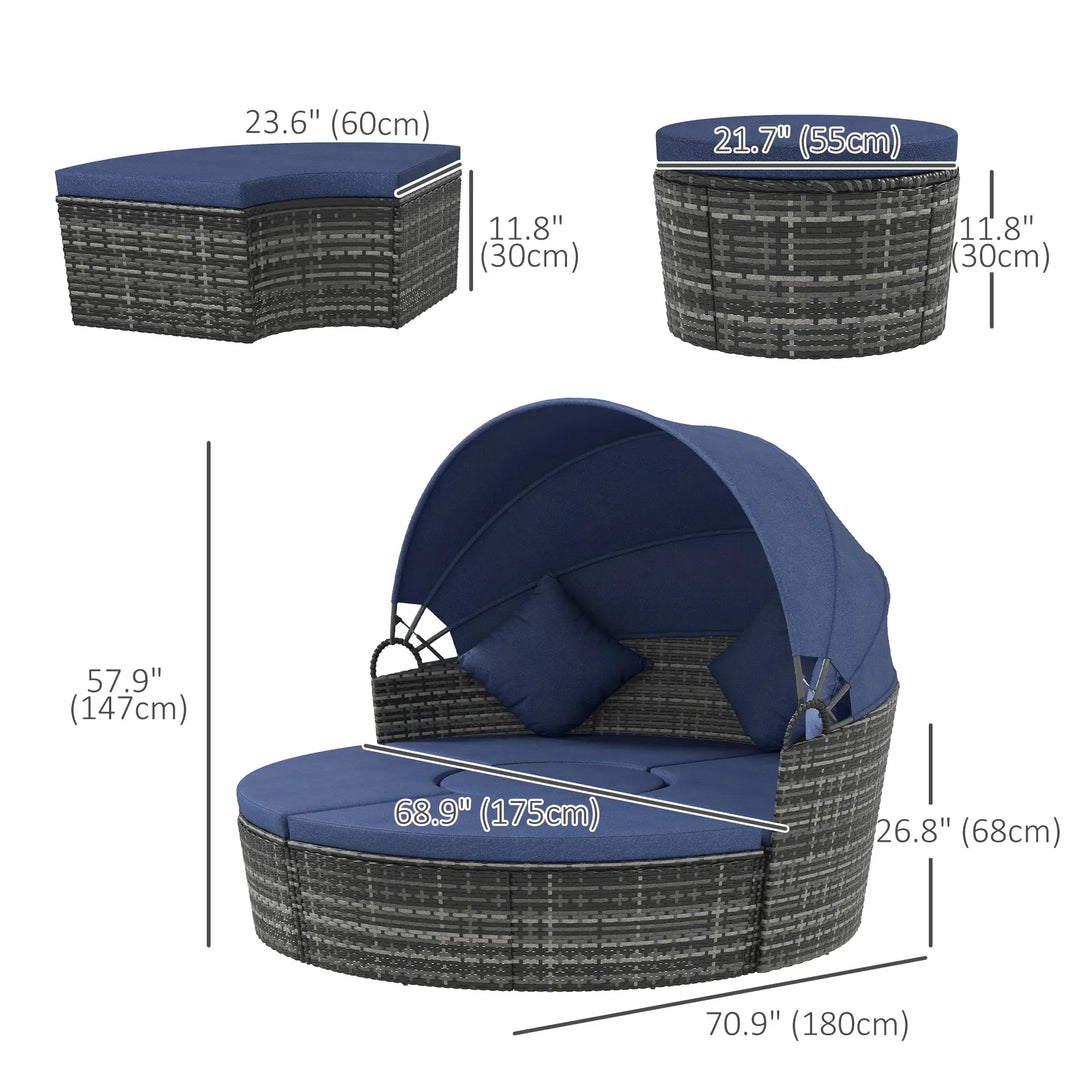 4pc Rattan Wicker Round Canopy Daybed Lounge Outdoor Patio Sofa Set w Cushions, Grey, Dk Navy Blue