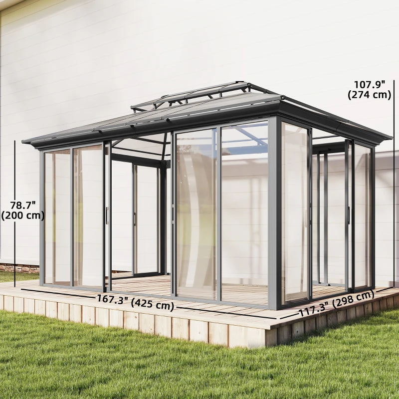 Hardtop Gazebo 10' x 14' Sun Room With Double Sliding Doors - Weatherproof Outdoor Patio Shelter