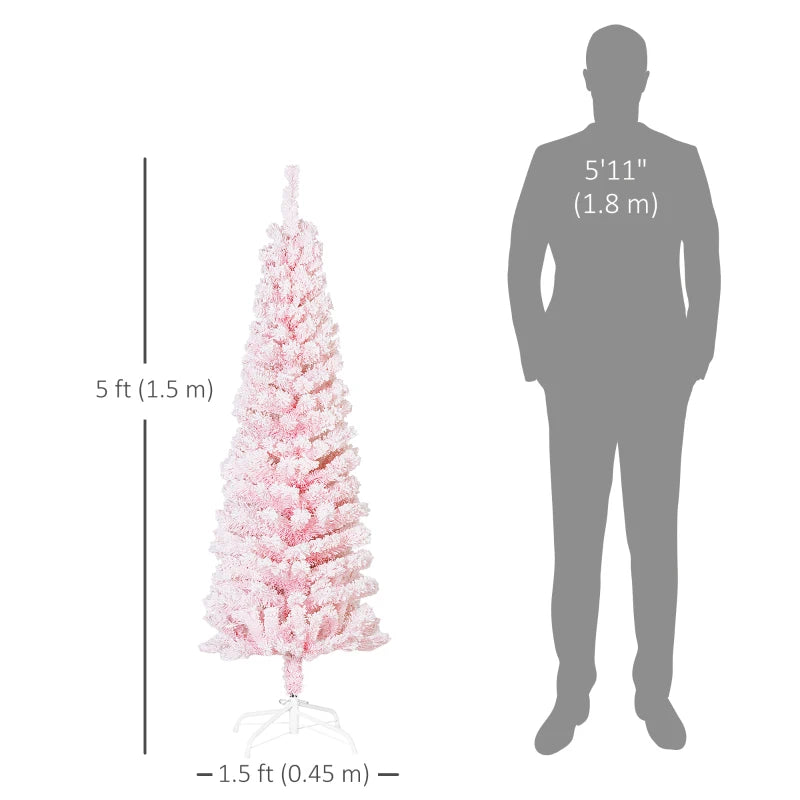 5ft 390-Tip Unlit Snow Flocked Slim Artificial Pencil Christmas Holiday Fake Xmas Tree, Pink