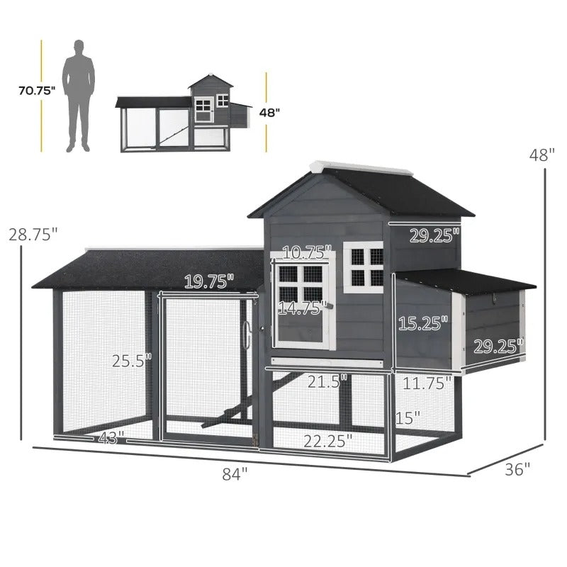 84" Deluxe Wooden Outdoor Chicken Coop Hen House Run Box, Ramp, Nesting Box, Bunny Rabbit, Grey