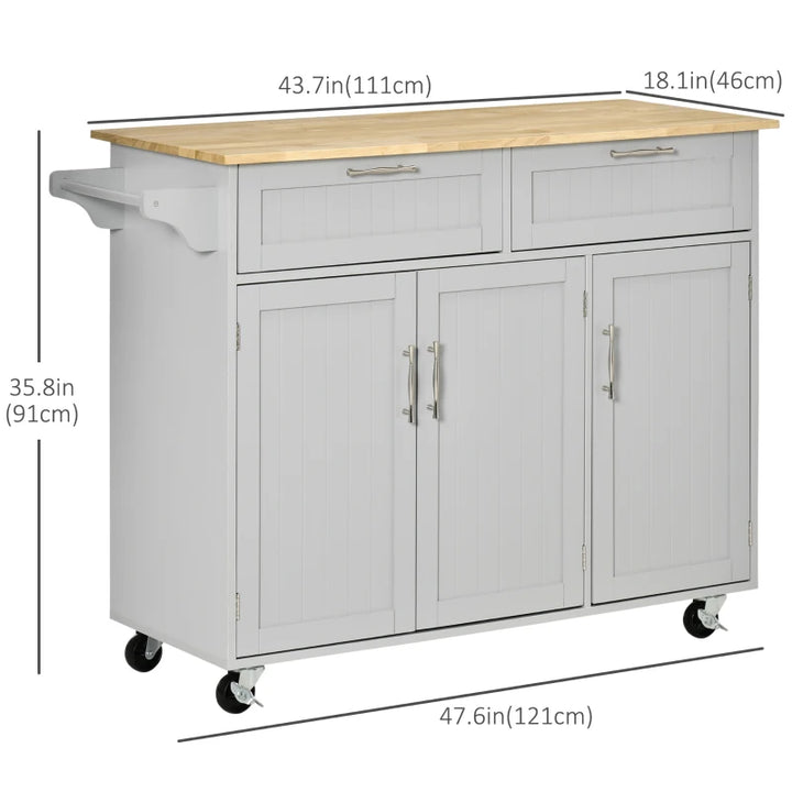 Modern Rolling Kitchen Island Storage Cart Cabinet Sideboard w Drawers, Natural Wood Top, Grey