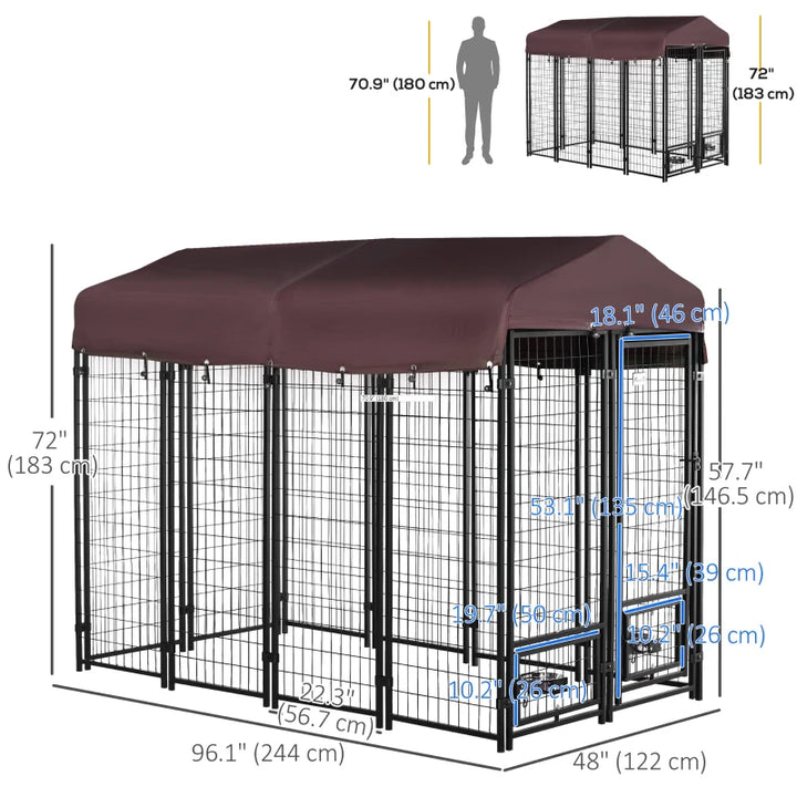 8' x 4' x 6' Steel Dog House, Bowl Holders, Roof Pen Kennel Shelter Heavy Duty Outdoor Wine Red