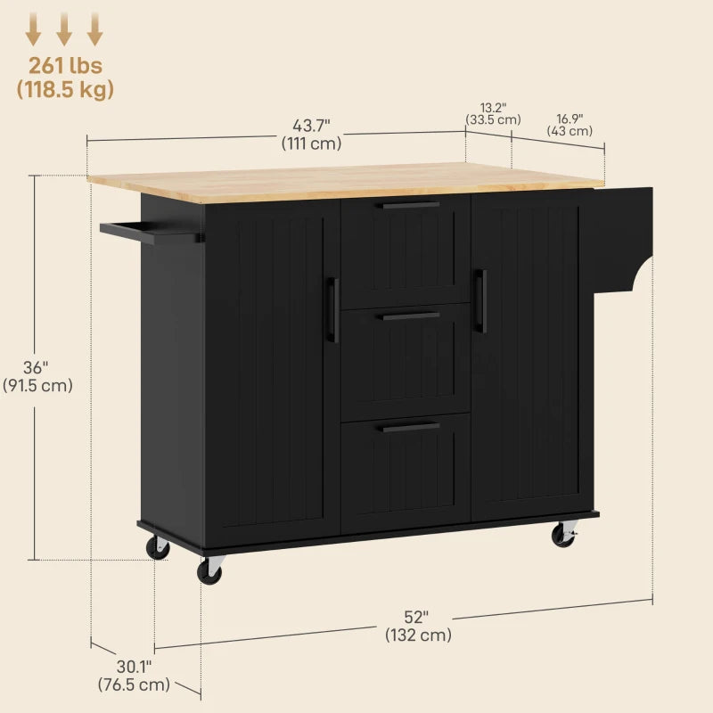 Rolling Kitchen Island Cart w Drop-leaf Dining Countertop Bar, Storage Drawers, Wood Top, Black