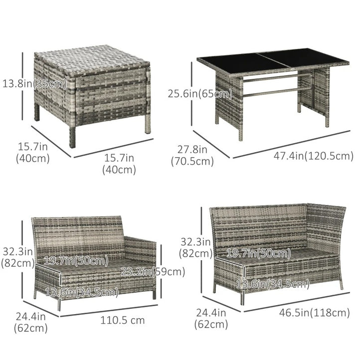 6pc L-Shape PE Rattan Wicker Outdoor Patio Dining Table Set, Cushions Ottomans, Grey, Navy Blue