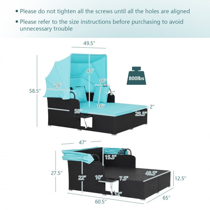 2-Person Rattan Wicker Canopy Daybed Lounge Chaise for Outdoor Patio, Cushions, Black, Turquoise