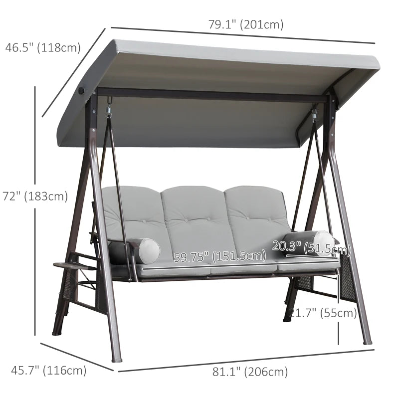 Heavy Duty Outdoor 3 Seater Porch Swing Bench Seat w Canopy & Cushions for Patio Deck - Lt Grey