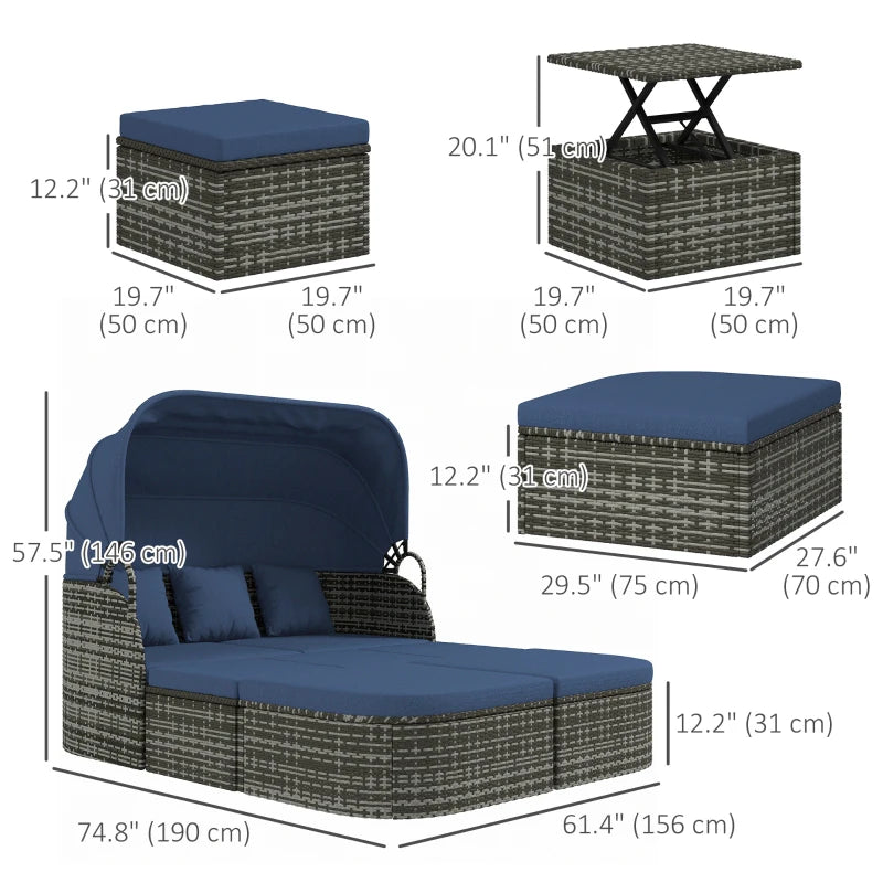 6pc PE Rattan Wicker Outdoor Canopy Daybed Chaise Patio Sectional Conversation Set, Grey, Blue