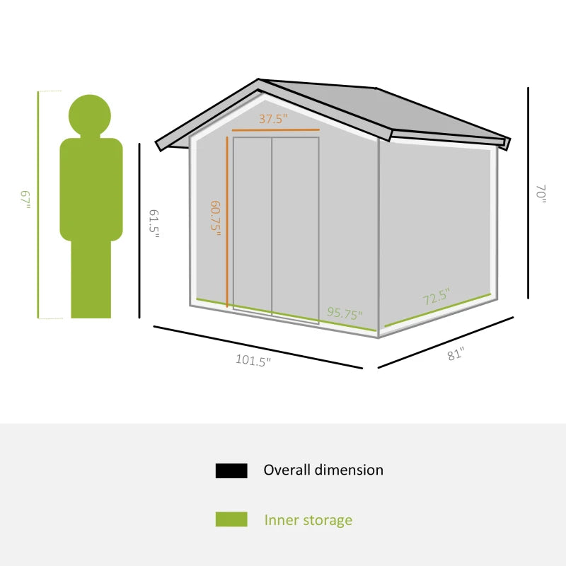 8.5’ x 6.8’ x 5.8' Outdoor Metal Storage Shed w Double Doors, Foundation, Vents - Green