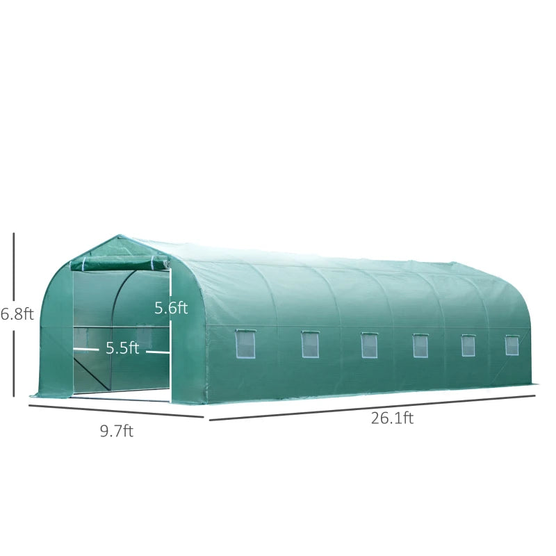 26’ x 10’ x 7’ Large Walk-In Dome Tunnel Garden Greenhouse w Door Windows, Galv Steel, Green