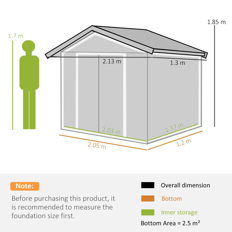 7’ x 4’ x 6’ Outdoor Metal Storage Shed Organizer w Foundation, Garden Backyard, Lt Silver Grey