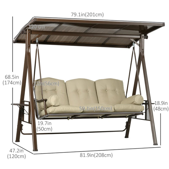 Heavy Duty Outdoor 3 Seater Porch Swing Bench Seat w Canopy & Cushions Patio Deck, Brown, Khaki