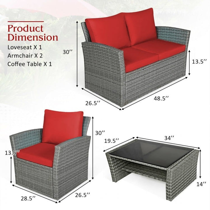 4pc PE Rattan Wicker Furniture Set w Loveseat, Armchairs, Cushions for Outdoor Patio, Grey, Red