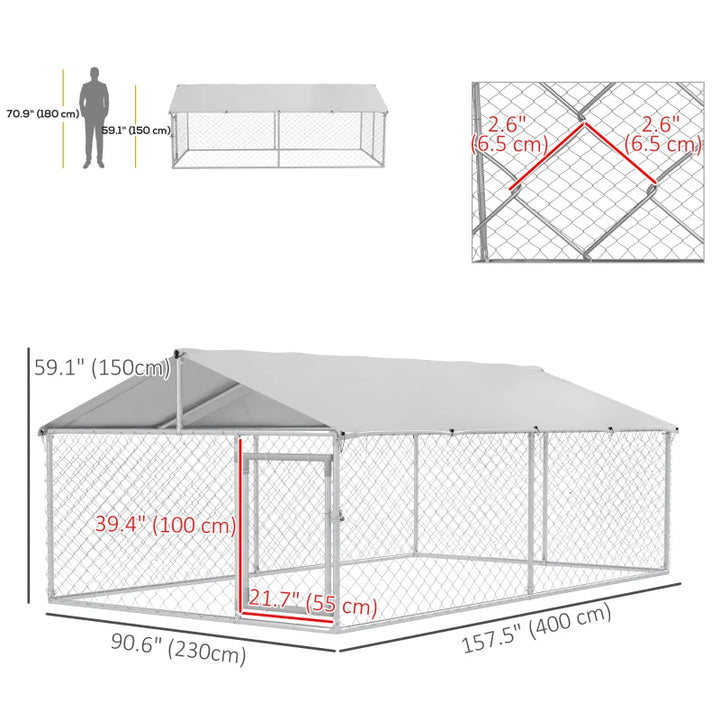 13' x 7.5' x 5' Galv Steel Dog House w Door, Roof, Playpen Kennel Shelter Heavy Duty Outdoor