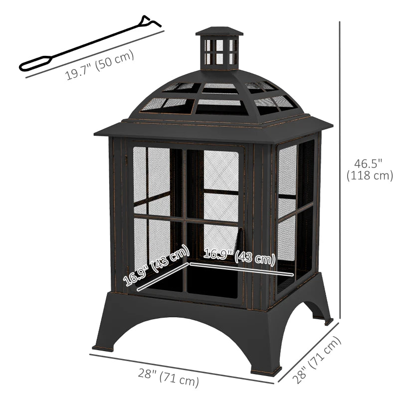 28” Square Wood Burning Fire Pit w/ Chimney Spark Guard, Cover, Ash Tray, Poker - Black