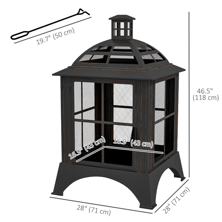 28” Square Wood Burning Fire Pit w/ Chimney Spark Guard, Cover, Ash Tray, Poker - Black