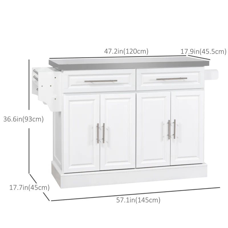 Large Rolling Kitchen Island Storage Cart Cabinet Dining Sideboard w Stainless Steel Top, White