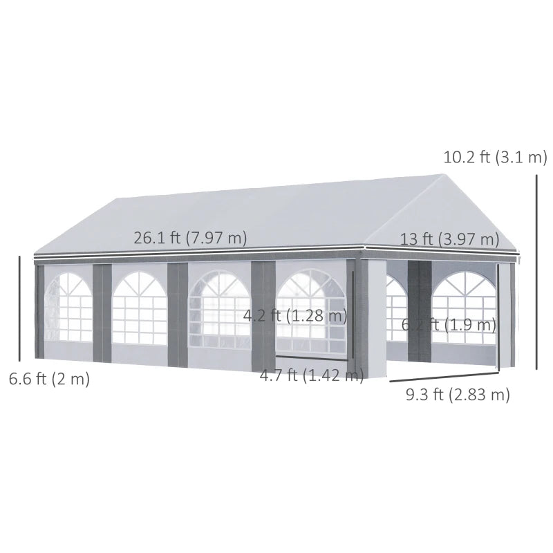 26' x 13' Portable Event Party Wedding Tent Outdoor Canopy w 8 Window Walls, Doors, White, Grey