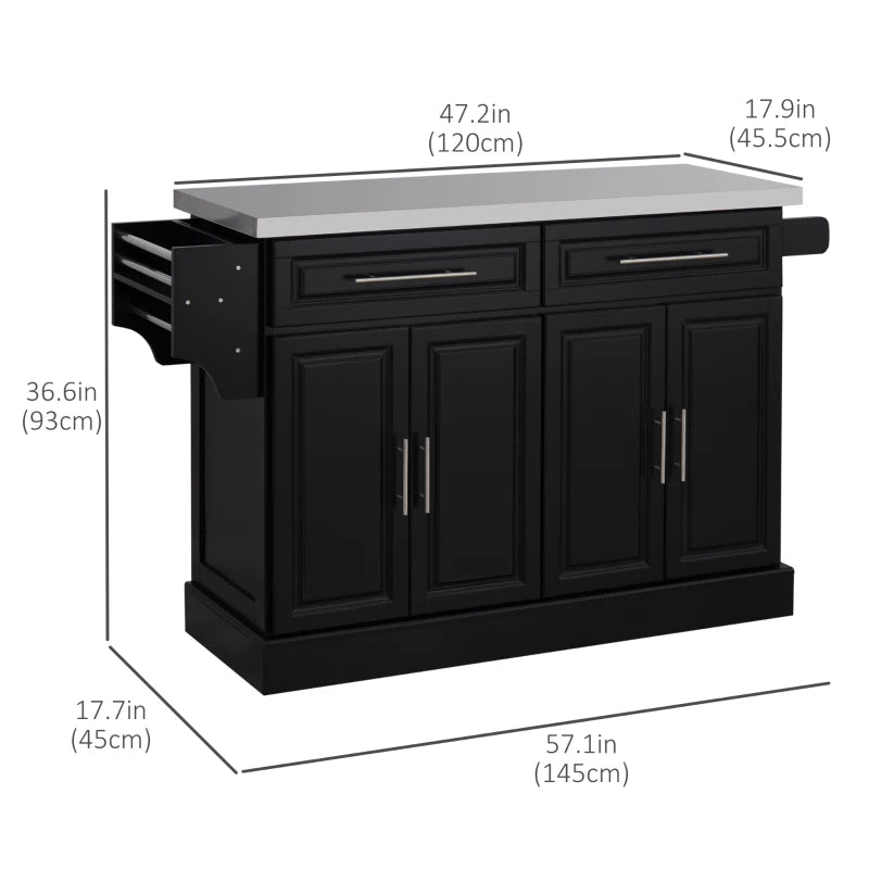 Large Rolling Kitchen Island Storage Cart Cabinet Dining Sideboard w Stainless Steel Top, Black