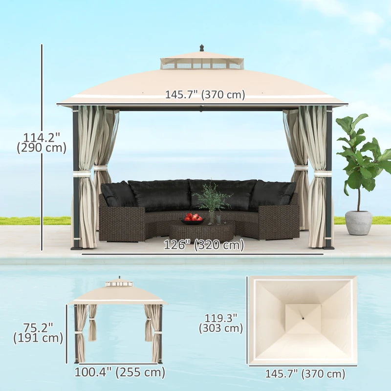 10x12 Outdoor Gazebo Double Roof Patio Canopy with Netting and Curtains - Durable Metal Garden Shelter