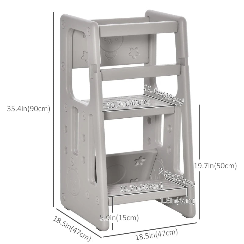 Kids Adjustable Step Stool Educational Tower Standing Platform, Kitchen Bath Learn Play, Grey