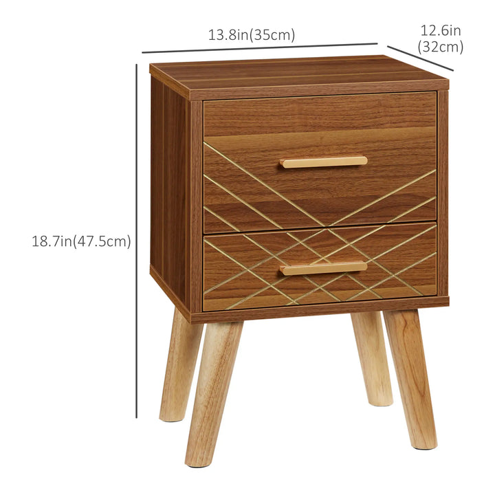 Scandinavian Accent Side End Table Night Stand w Drawers, Bedroom Living Home, Brown Woodgrain