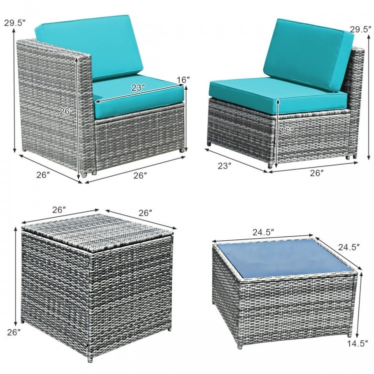 8pc L-Shape Rattan Wicker Sectional w Storage, Cover, Outdoor Patio Furniture, Grey, Turquoise