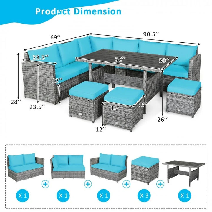 7pc L-Shape Rattan Wicker Dining Set Outdoor Patio Sectional w Table Cushions Ottomans, Turquoise