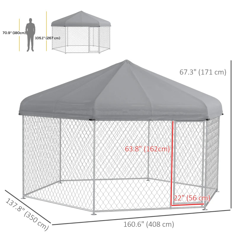 13.5' x 11.5' x 9' Galv Steel Dog House, Door, Roof, Playpen Kennel Shelter Heavy Duty Outdoor