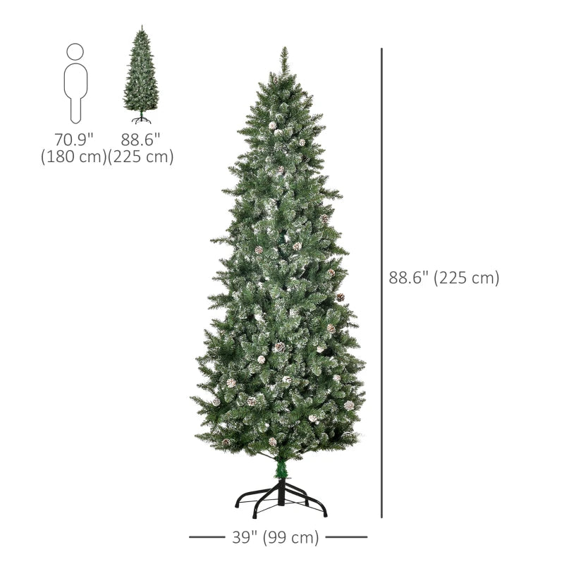 7.5ft 1119-Tip Unlit Slim Artificial Christmas Holiday Tree w Pine Cones, Snowy Tips Xmas Green